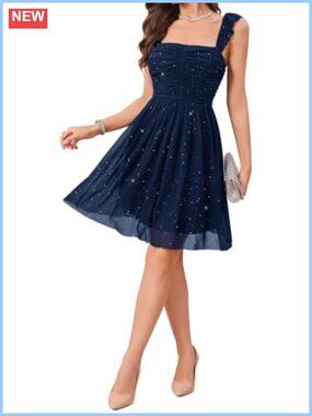 Sparkly Sequin Ruffle Strap Square Neck Short Formal Cocktail Party Dress